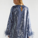 Glamorous Blue Sequin Feather Cuff Mini Dress