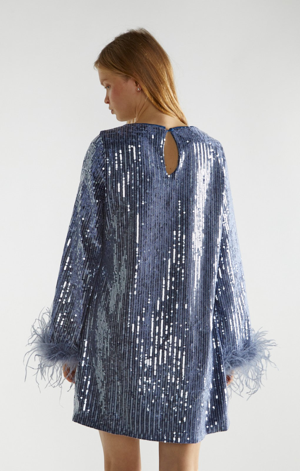 Glamorous Blue Sequin Feather Cuff Mini Dress