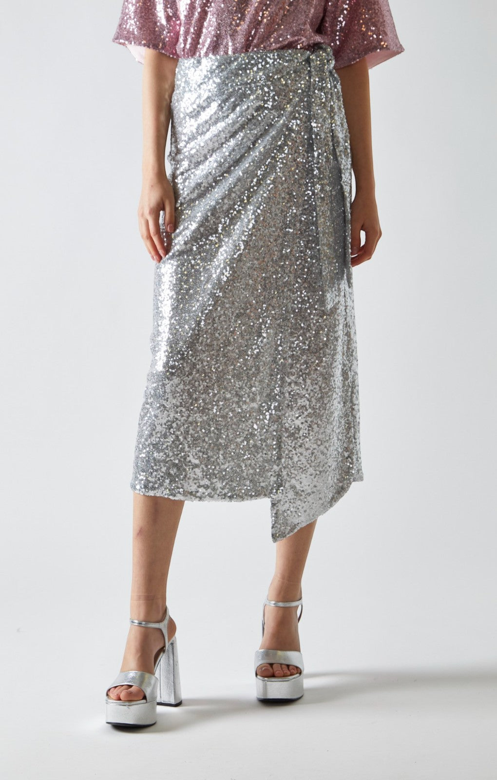 Glamorous Silver Sequin Wrap Midi Skirt