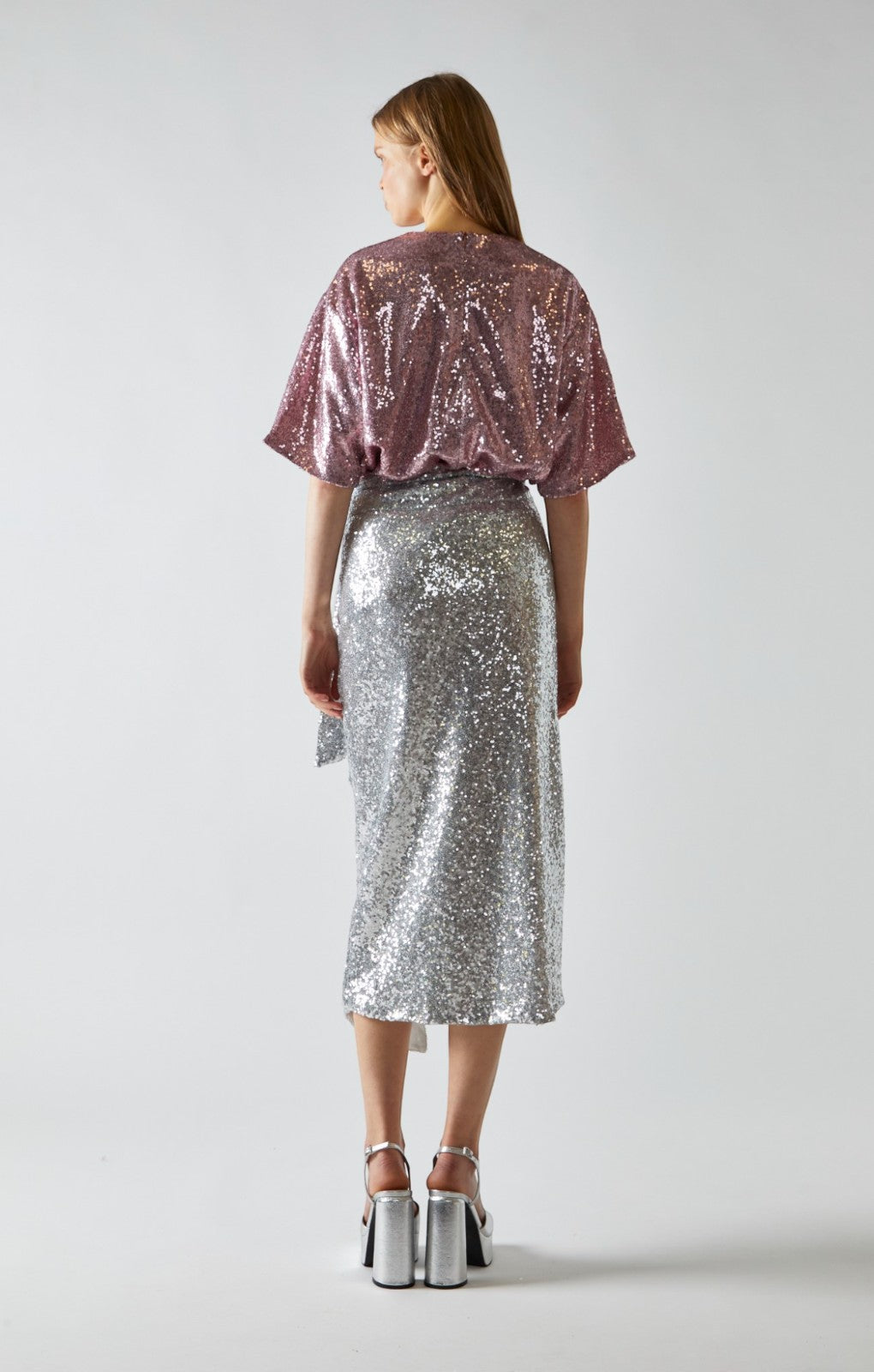 Glamorous Silver Sequin Wrap Midi Skirt