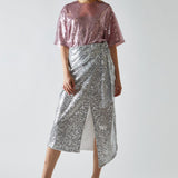 Glamorous Silver Sequin Wrap Midi Skirt