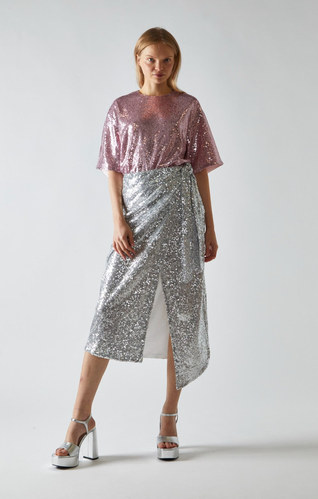 Glamorous Silver Sequin Wrap Midi Skirt