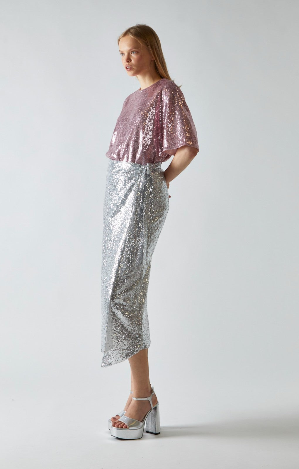 Glamorous Silver Sequin Wrap Midi Skirt