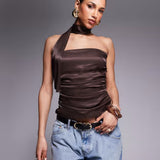 ASOS DESIGN Satin Top With Neck Tie Detail in Brown
