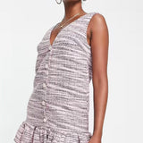 ASOS DESIGN Boucle Shift Mini Dress With Peplum In Pink With Pearl Buttons