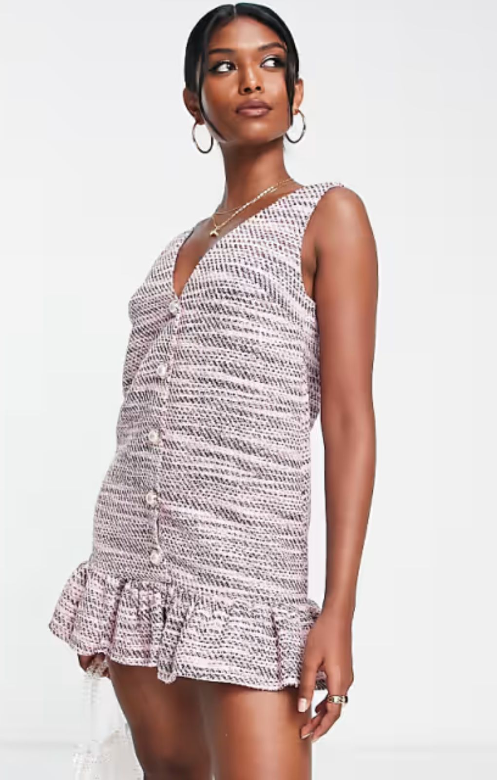 ASOS DESIGN Boucle Shift Mini Dress With Peplum In Pink With Pearl Buttons