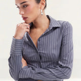 ASOS DESIGN Fitted Shirt in Grey Pinstripe
