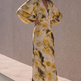 ASOS DESIGN High Neck Plunge Maxi Dress with Blouson Sleeves in Abstract Print