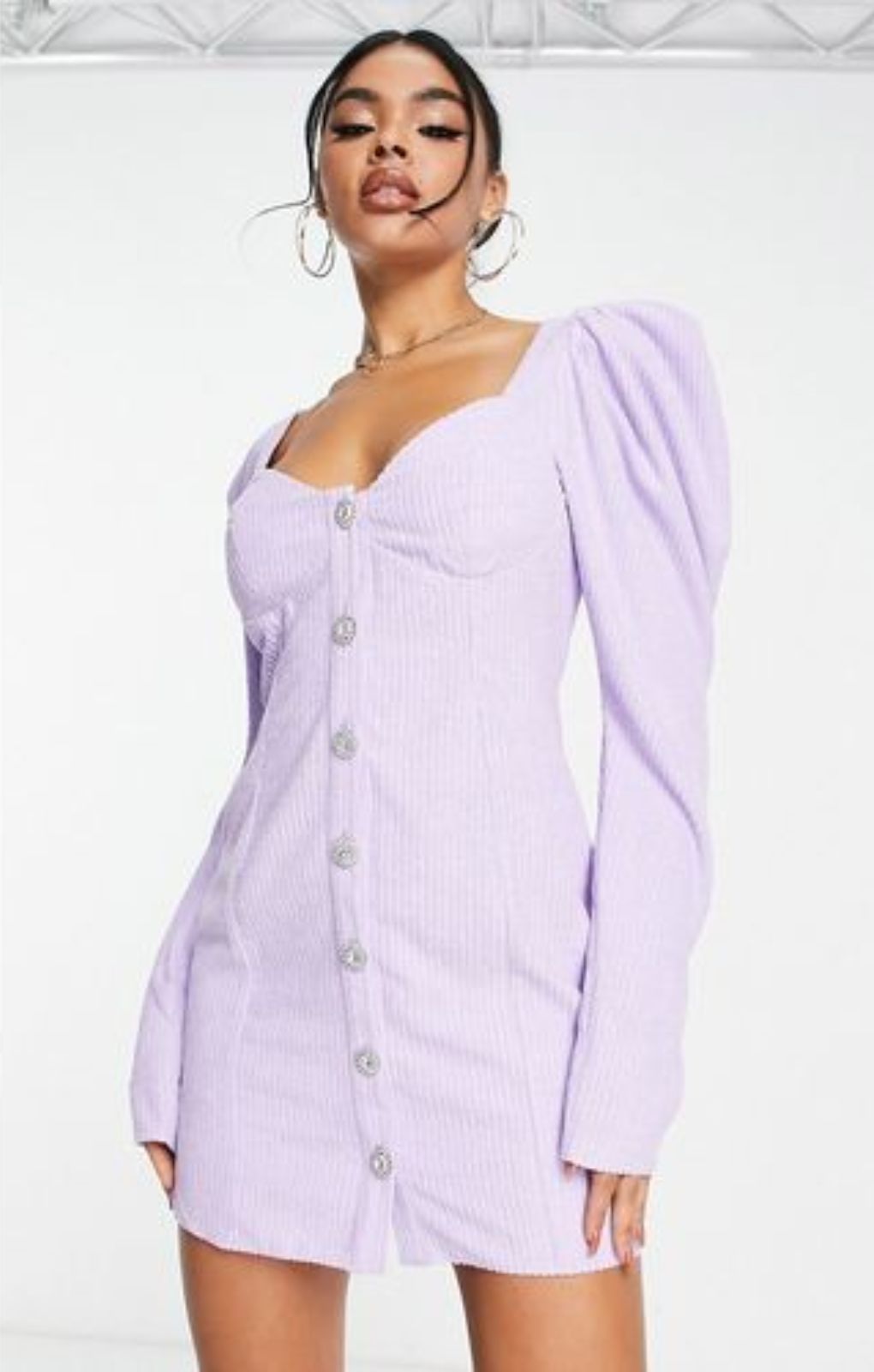 ASOS DESIGN Jumbo Cord Mini Dress With Diamante Button In Lilac