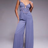 ASOS DESIGN Lace Insert Corset Detail Wide Leg Jumpsuit in Dusky Blue