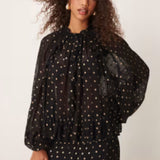ASOS DESIGN Metallic Polka Dot Burnout Smock Top in Black & Gold