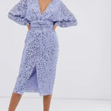 ASOS DESIGN Midi Dress With Batwing Sleeve And Wrap Waist In Blue Scatter Sequin
