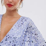 ASOS DESIGN Midi Dress With Batwing Sleeve And Wrap Waist In Blue Scatter Sequin