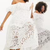 ASOS EDITION Blouson Off Shoulder Tiered Broderie Midi Dress In White