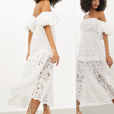 ASOS EDITION Blouson Off Shoulder Tiered Broderie Midi Dress In White