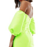 ASOS EDITION Puff Sleeve Off Shoulder Mini in Lime