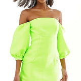 ASOS EDITION Puff Sleeve Off Shoulder Mini in Lime