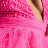Lace & Beads Petite Exclusive Embellished Tulle High Low Maxi Dress In Pink