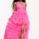 Lace & Beads Petite Exclusive Embellished Tulle High Low Maxi Dress In Pink