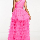 Lace & Beads Petite Exclusive Embellished Tulle High Low Maxi Dress In Pink