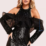 ASOS Luxe Halterneck Wire Lace Organza Shoulder Mini Dress In Black Sequin