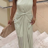 ASOS DESIGN One Shoulder Draped Twist Detail Midaxi Dress in Light Green