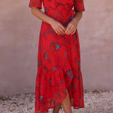 Hope & Ivy Flutter Sleeve Midaxi Wrap Dress with Tie Waist in Red Print