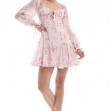 Love Triangle Milkmaid Mini Dress with Tie Detail in Pale Pink Floral
