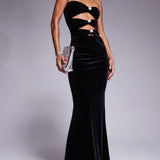 Murci Bandeau Velvet Cut Out Pearl Detail Maxi Dress in Black