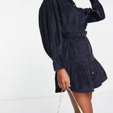 ASOS DESIGN Cord Mini Shirt Dress With Buckle In Navy