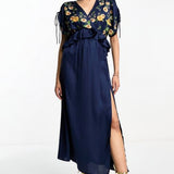 ASOS DESIGN Embroidered Satin Midi Dress With Frill Waist In Navy