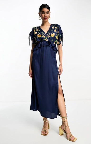 asos design ruffle wrap midi dress Rent ASOS DESIGN Embroidered Satin Midi Dress With Frill Waist In Navy