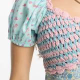 ASOS DESIGN Petite Crochet Bardot Midi Dress In Ditsy And Stripe Mix Print