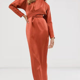 ASOS DESIGN Satin Maxi Dress with Batwing Sleeve and Wrap Waist in Rust
