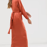 ASOS DESIGN Satin Maxi Dress with Batwing Sleeve and Wrap Waist in Rust