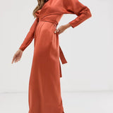 ASOS DESIGN Satin Maxi Dress with Batwing Sleeve and Wrap Waist in Rust
