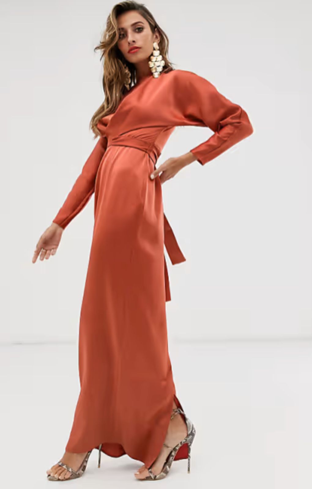 Rent ASOS DESIGN Satin Maxi Dress with Batwing Sleeve and Wrap Waist in Rust | Hirestreet Rent ASOS DESIGN Satin Maxi Dress with Batwing Sleeve and Wrap Waist in Rust | Hirestreet