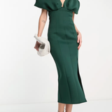 ASOS DESIGN Tall Plunge Neck Dropped Shoulder Pencil Midi Dress In Forest Green