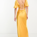 ASOS DESIGN Tall Satin Milkmaid Lace Trim Maxi Dress With Strappy Back In Gold