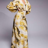 ASOS DESIGN High Neck Plunge Maxi Dress with Blouson Sleeves in Abstract Print