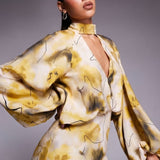 ASOS DESIGN High Neck Plunge Maxi Dress with Blouson Sleeves in Abstract Print