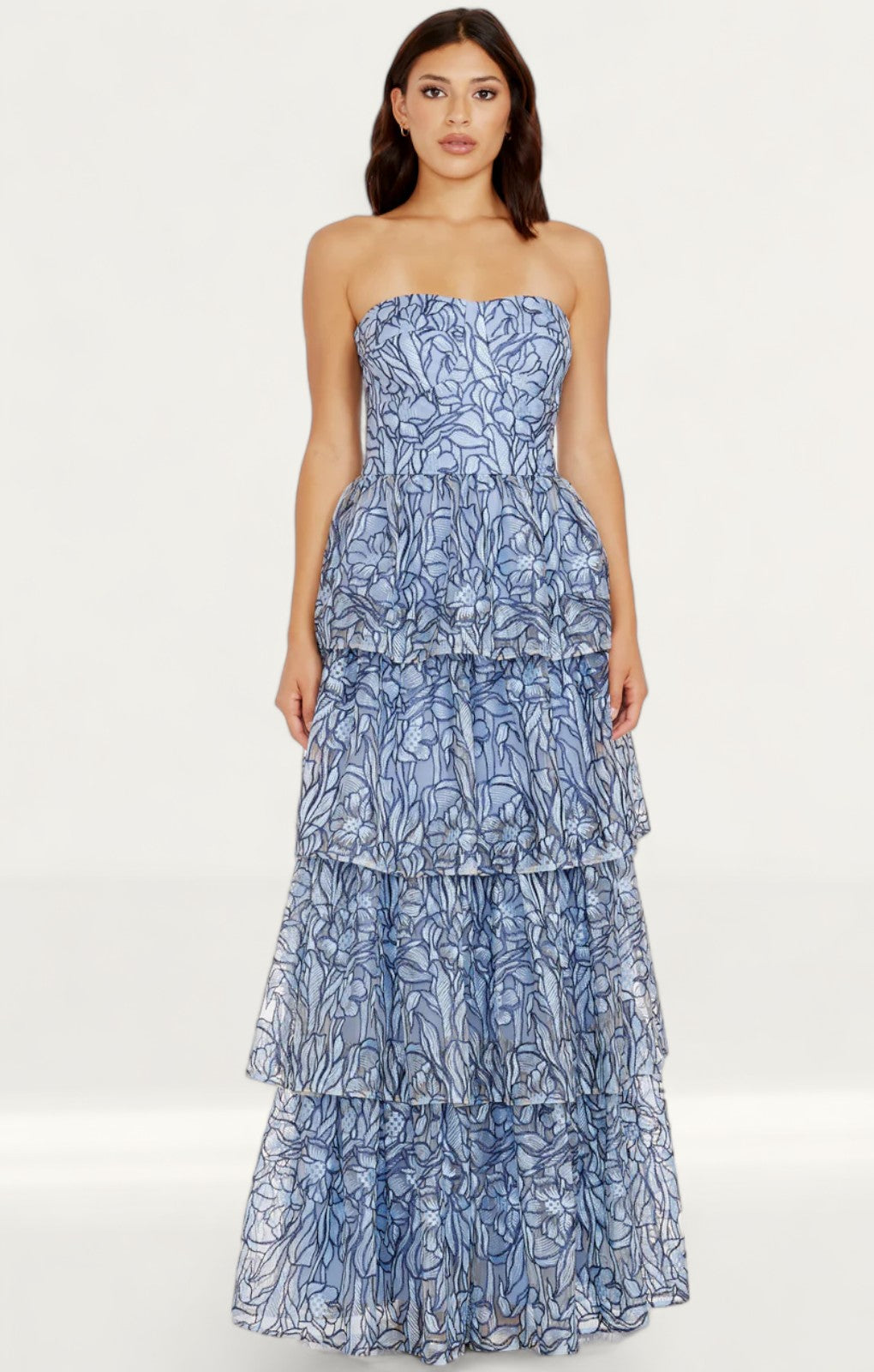 Dress The Population Aubriella Mineral Blue Tiered Maxi Dress