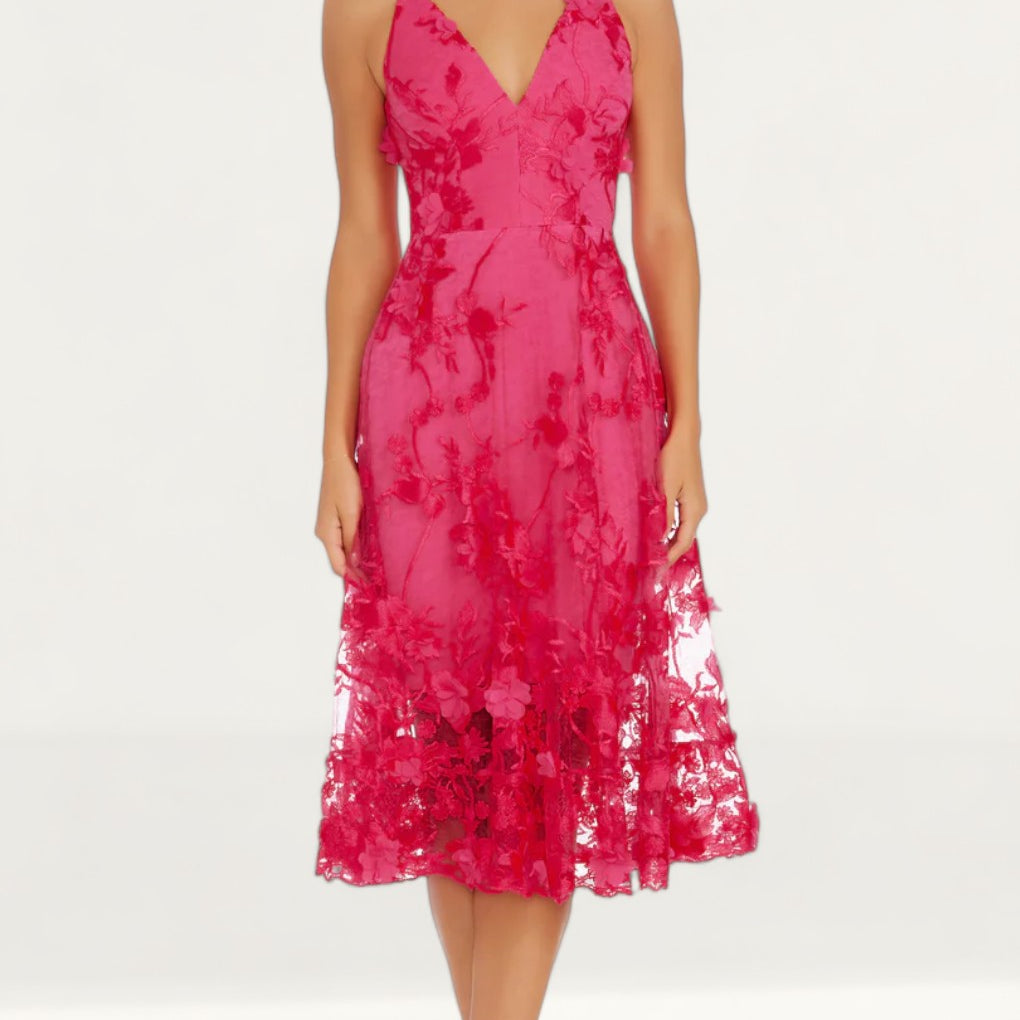 Dress The Population Audrey Floral Effect Begonia Midi Dress