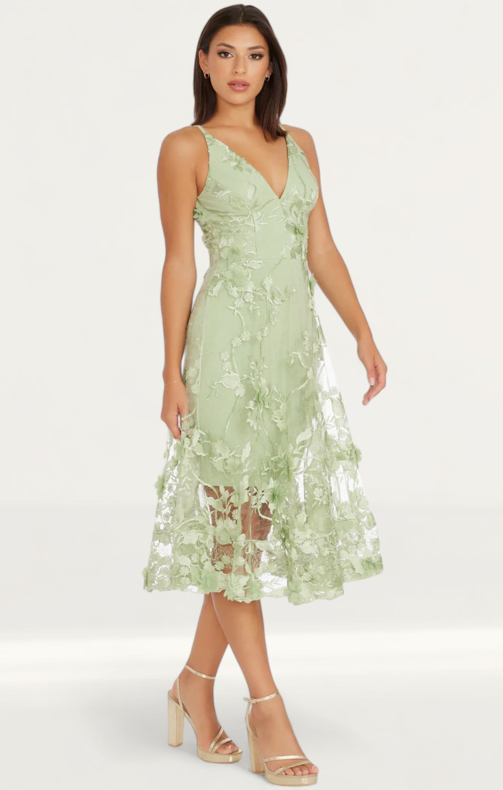 Dress The Population Audrey Floral Effect Sage Midi Dress