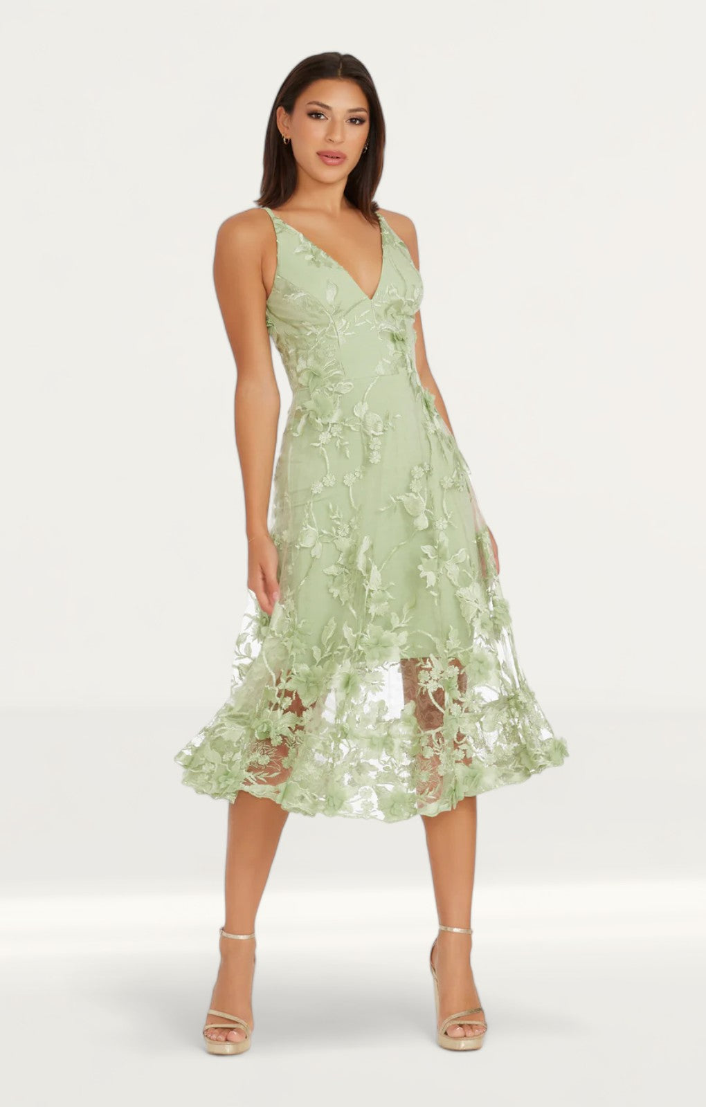 Dress The Population Audrey Floral Effect Sage Midi Dress