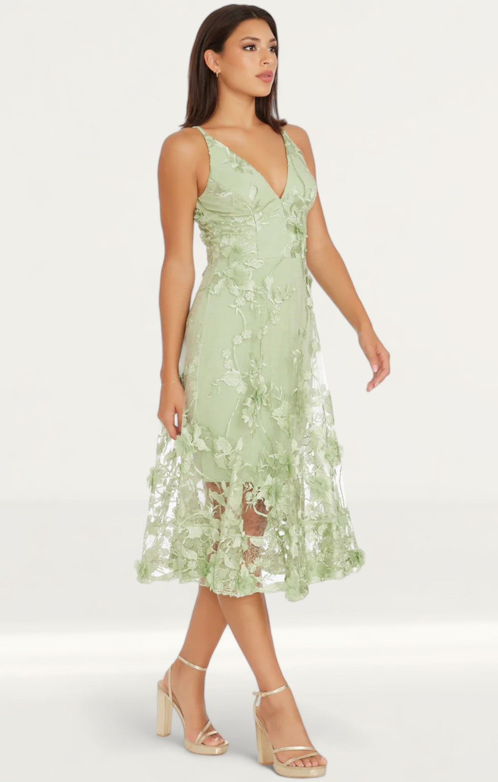 Dress The Population Audrey Floral Effect Sage Midi Dress