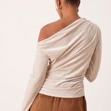 Abercrombie & Fitch Long Sleeved Off The Shoulder Top in Cream Velvet