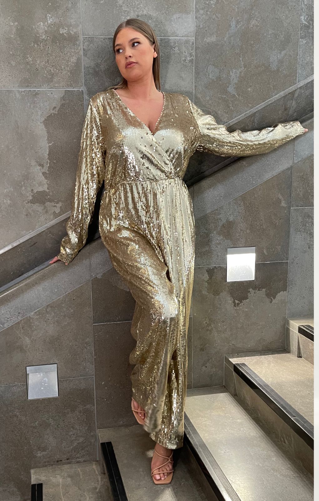 Glamorous Curve Gold Sequin Jumpsuit