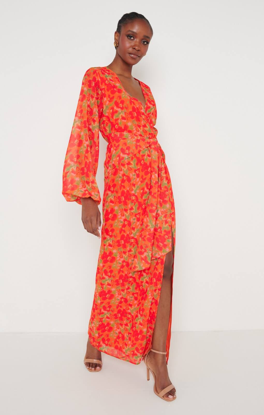Pretty Lavish Alexis Knot Drape Red and Orange Floral Dress