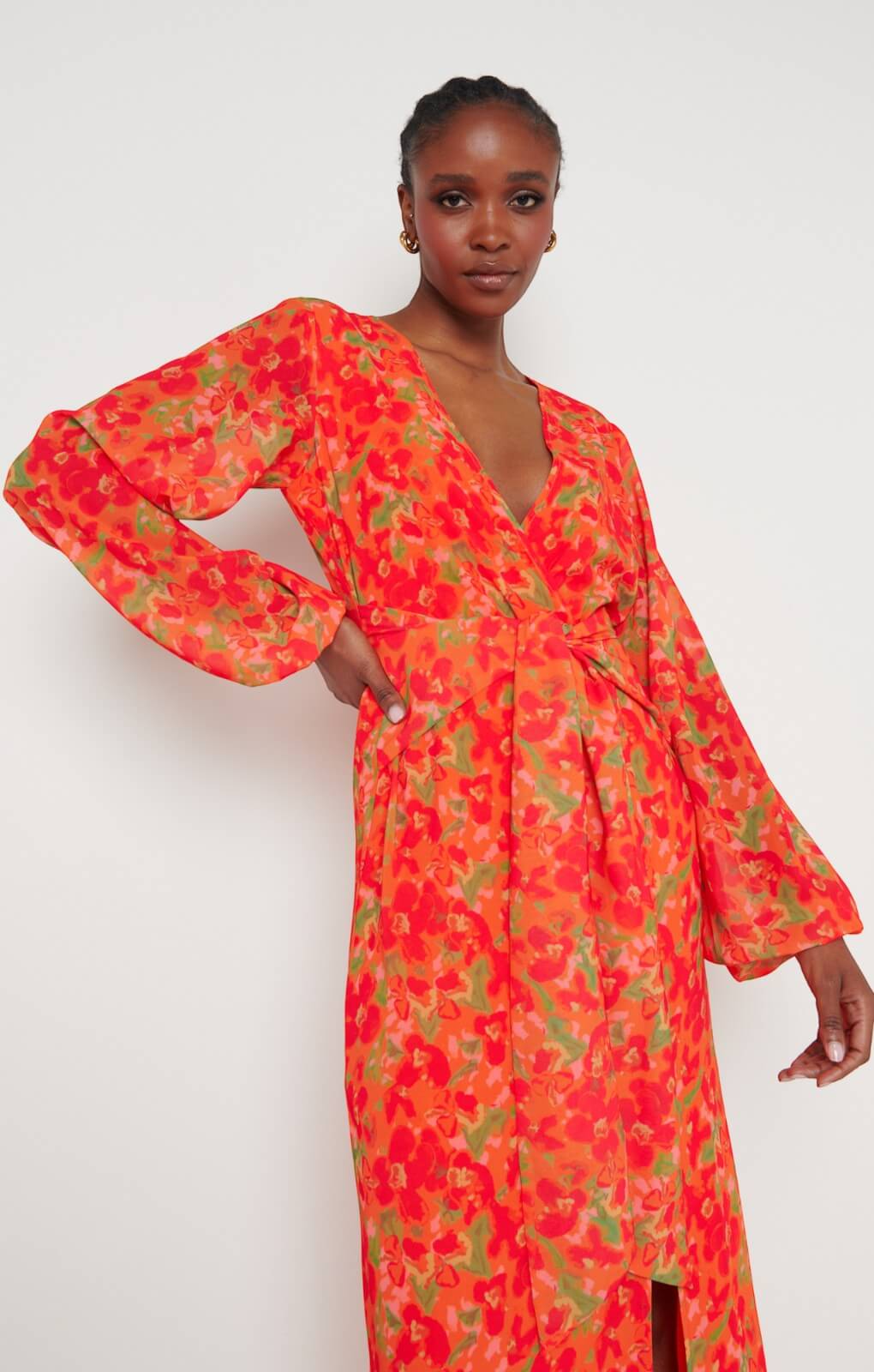 Pretty Lavish Alexis Knot Drape Red and Orange Floral Dress